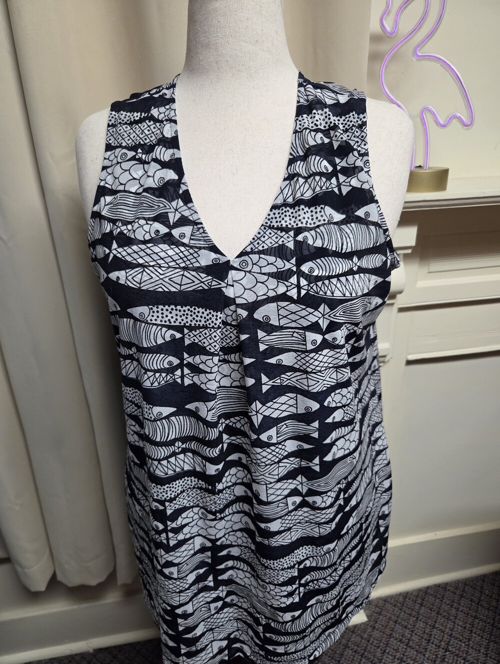 Alfani Navy & White Fish-Print V-Neck Tank Tunic With Overlay Size 2X